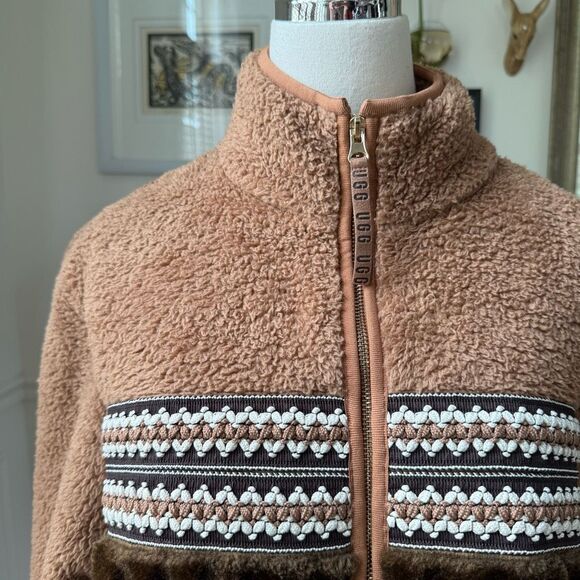 UGG Marlene Heritage Braid High Pile Fleece Jacket Chestnut Heritage Brown $198 - Picture 2 of 9